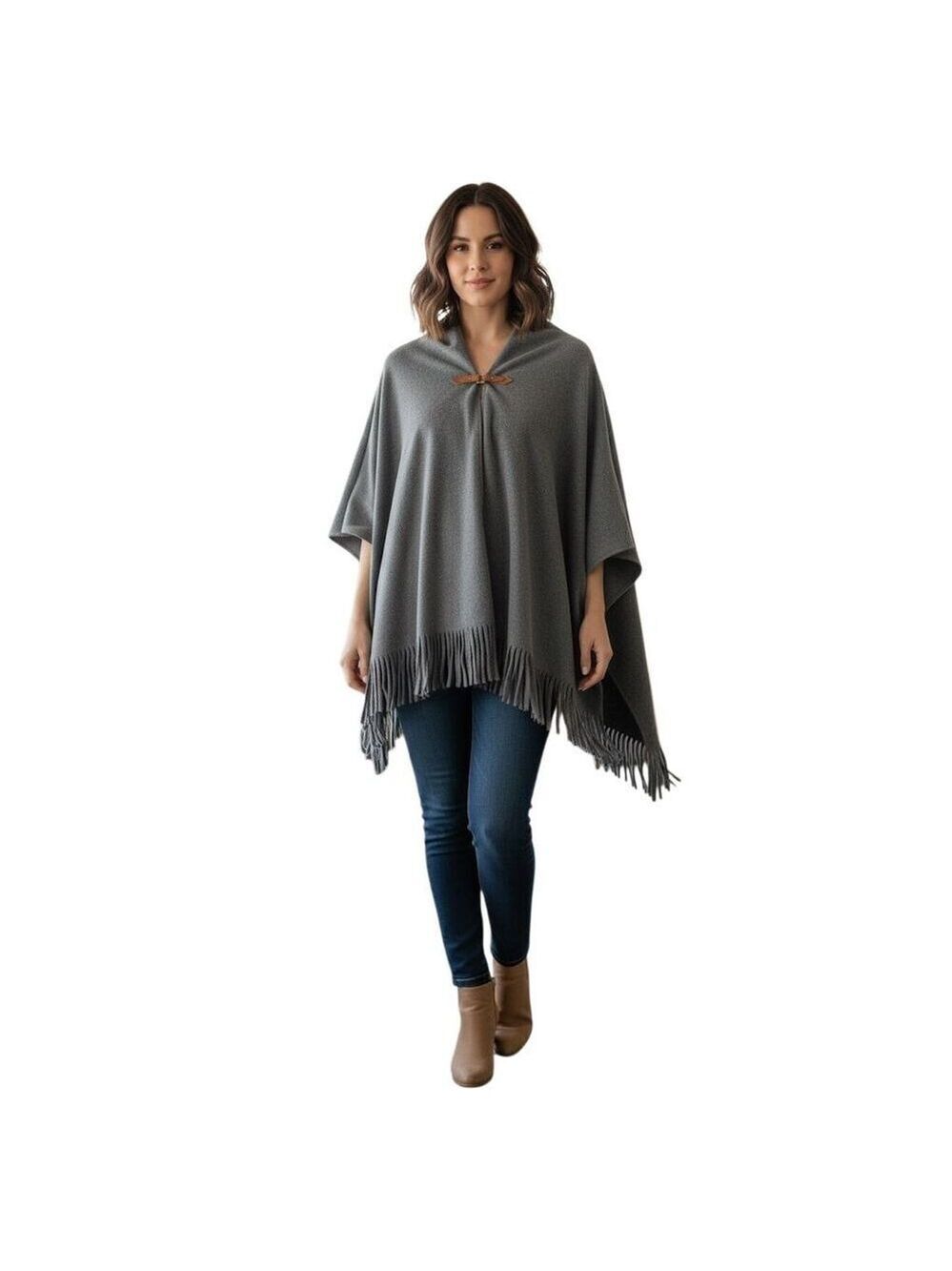 Le Mode Charcoal Grey Fringe Poncho with Leather Buckle Detail
